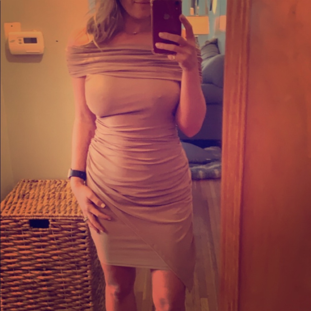 Tan off the shoulder dress